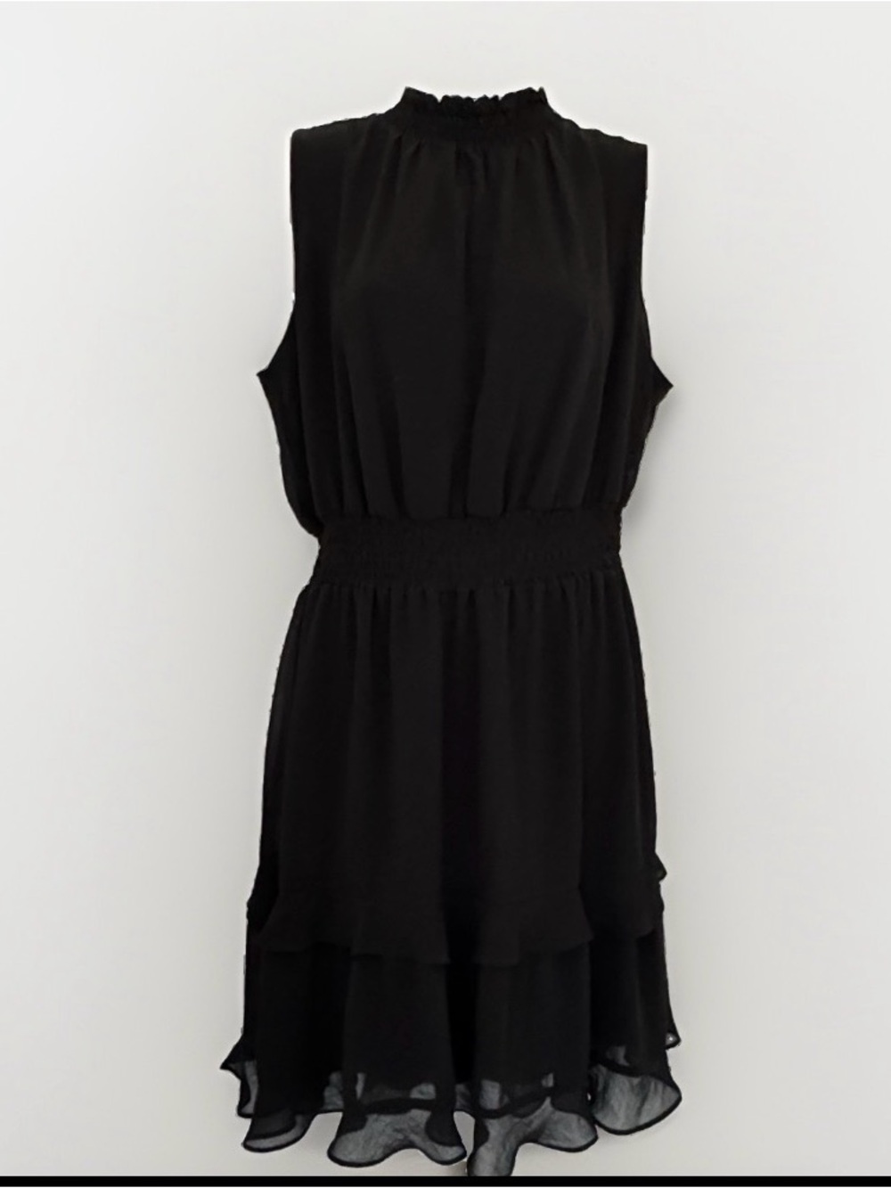 Emma & Michele Black High-Neck Smocked-Waist Tiered Midi Dress
